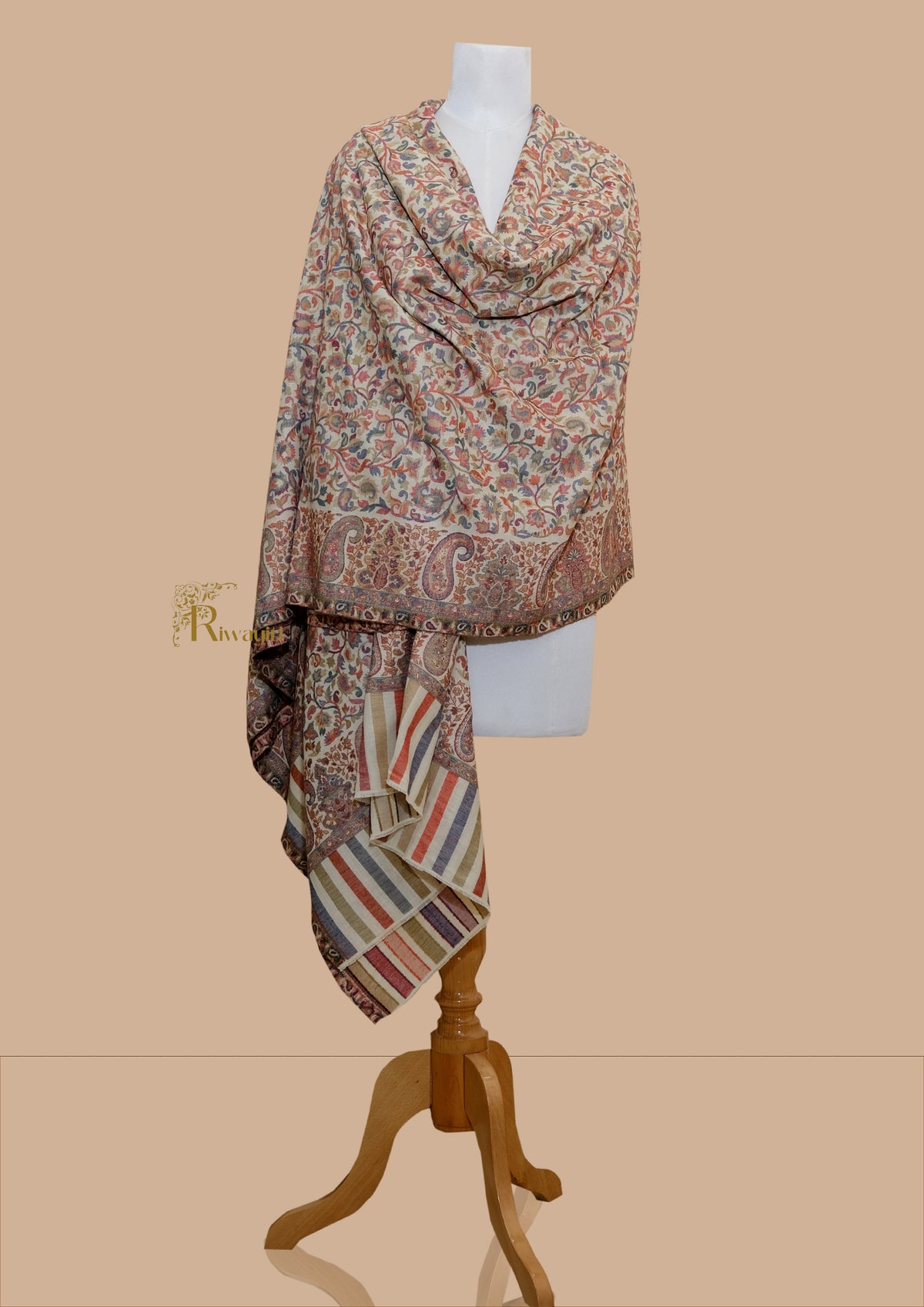 Riwayiti Mens Kaani Shawl I Fine Wool, Full Size, With Paisley Border