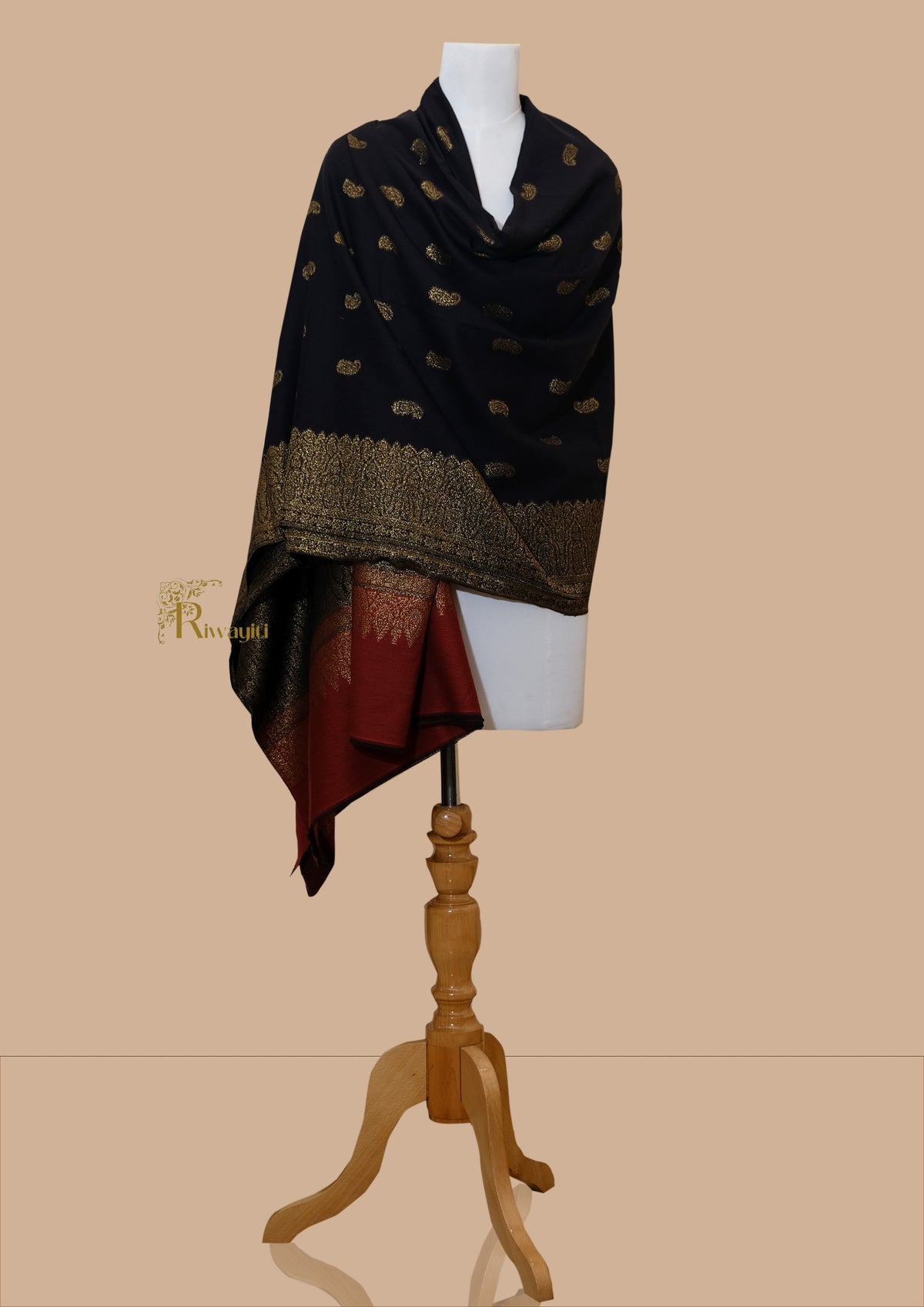 Riwayiti Mens Ethnic Shawl, Full Size, Fine Wool, With Zari Border